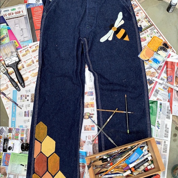 Hand-Painted Whimsical Honeybee Overalls - Picture 4 of 5